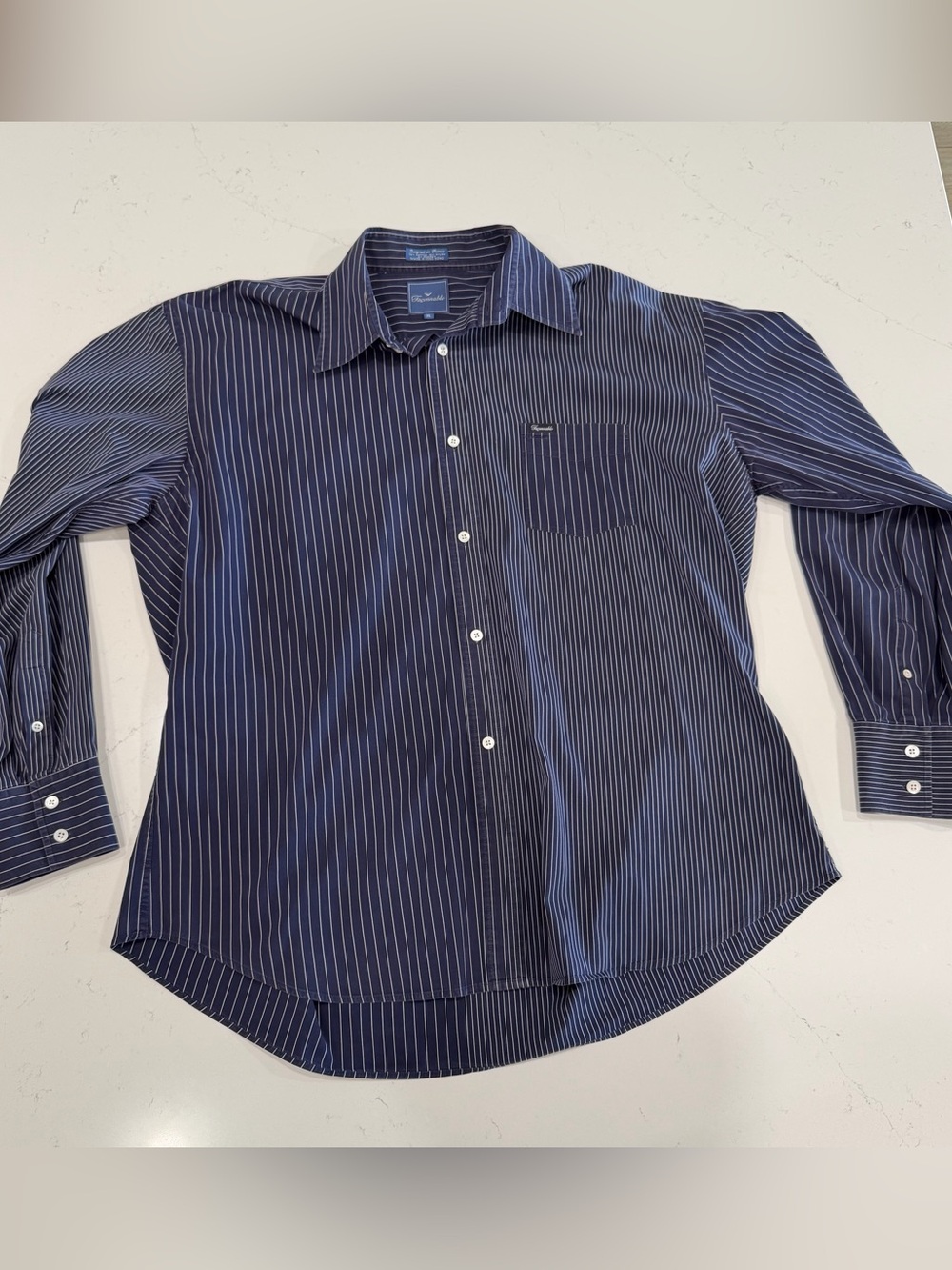 Faconnable Men’s Navy Pinstripe Long Sleeve Dress Shirt - XL